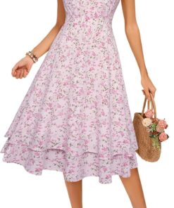 Women’s Floral Ruffle Sleeve V-Neck A-Line Tiered Midi Dress