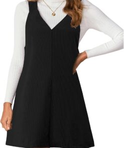 Women’s V-Neck Corduroy Overall Mini Dress Casual Pinafore Style