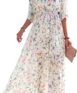 Women’s Boho Floral Wrap V Neck Maxi Dress with Side Slit