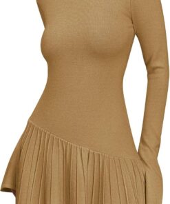 Alternative view of Women’s Crochet Ribbed Knit Mock Neck Sweater Mini Dress with Ruffle Hem