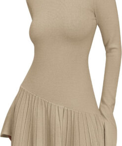 Alternative view of Women’s Crochet Ribbed Knit Sweater Dress Ruffle Hem Mock Neck Mini Dress