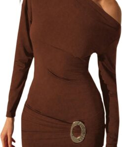 Women’s Off Shoulder Long Sleeve Pleated Bodycon Mini Dress