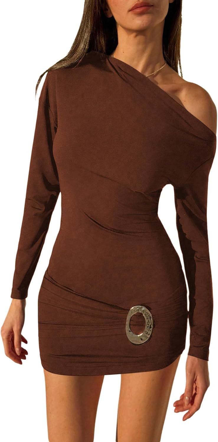 Women’s Off Shoulder Long Sleeve Pleated Bodycon Mini Dress