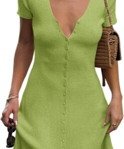 Women’s Short Sleeve Deep V Neck Button Front Knit Mini Dress