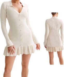 Women’s Long Sleeve Knit Sweater Dress Ruffle Hem Collared Back Tie Mini Dress